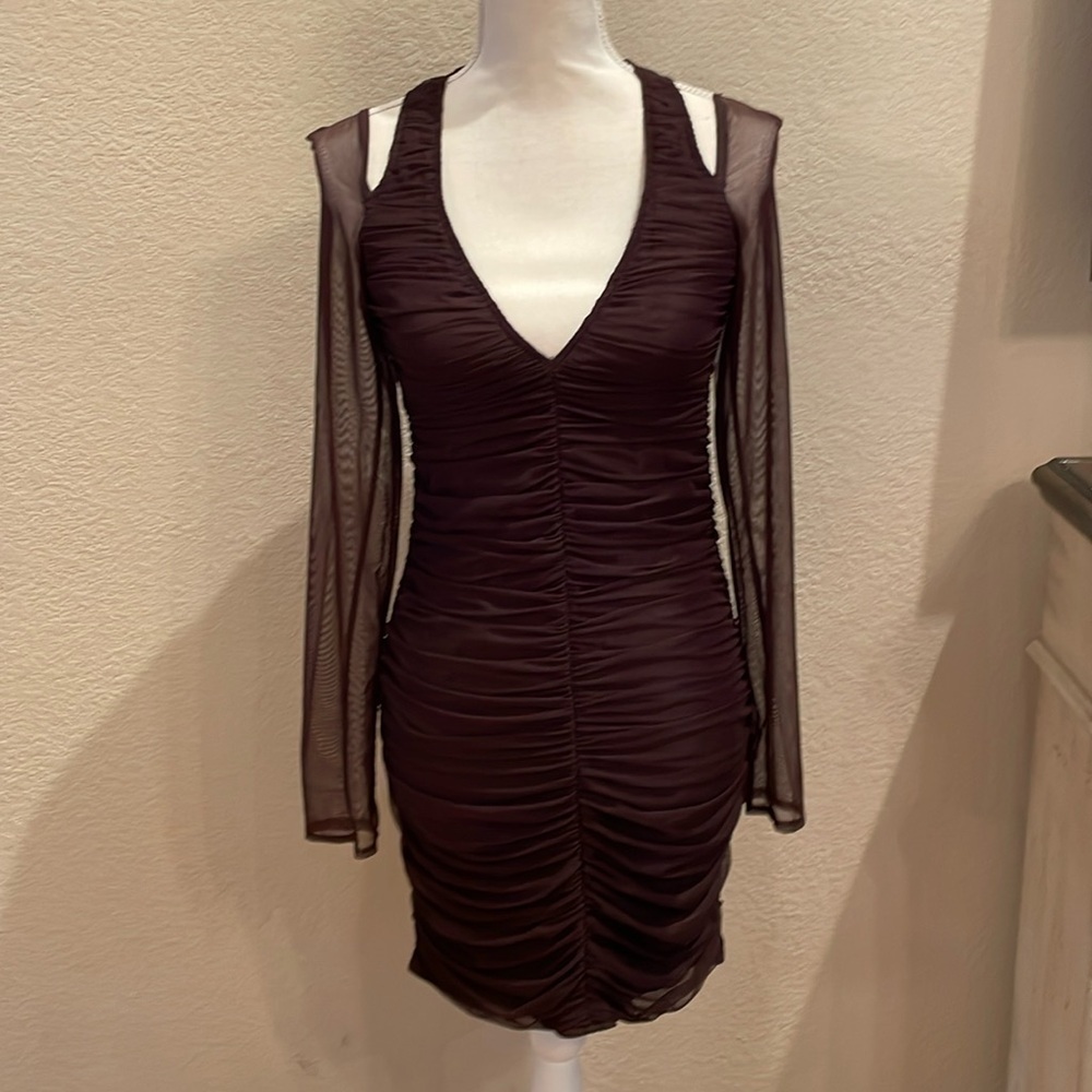 NWT Missguided Chocolate Brown Bodycon Dress with Ruched Texture and Deep V-Neck